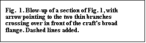 Text Box: Fig.  2. Blow-up of a section of Fig. 1, with arrow pointing to the two thin branches crossing over in front of the craft's broad flange. Dashed lines added.

